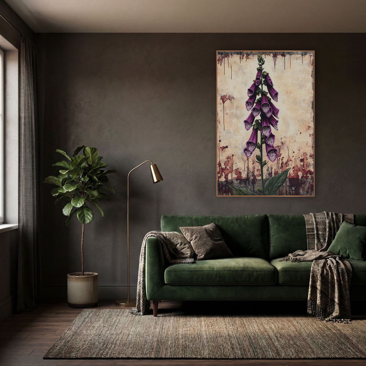 Dripping Foxglove Spire Gothic wall art in a moody dark academia room – tall purple foxglove stem with spotted bell