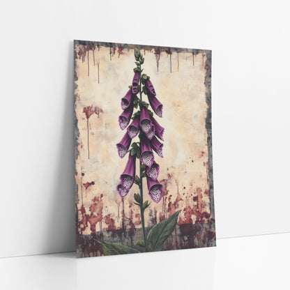 Dripping Foxglove Spire Gothic art print leaning against a white wall – tall purple foxglove stem with spotted bell flowers