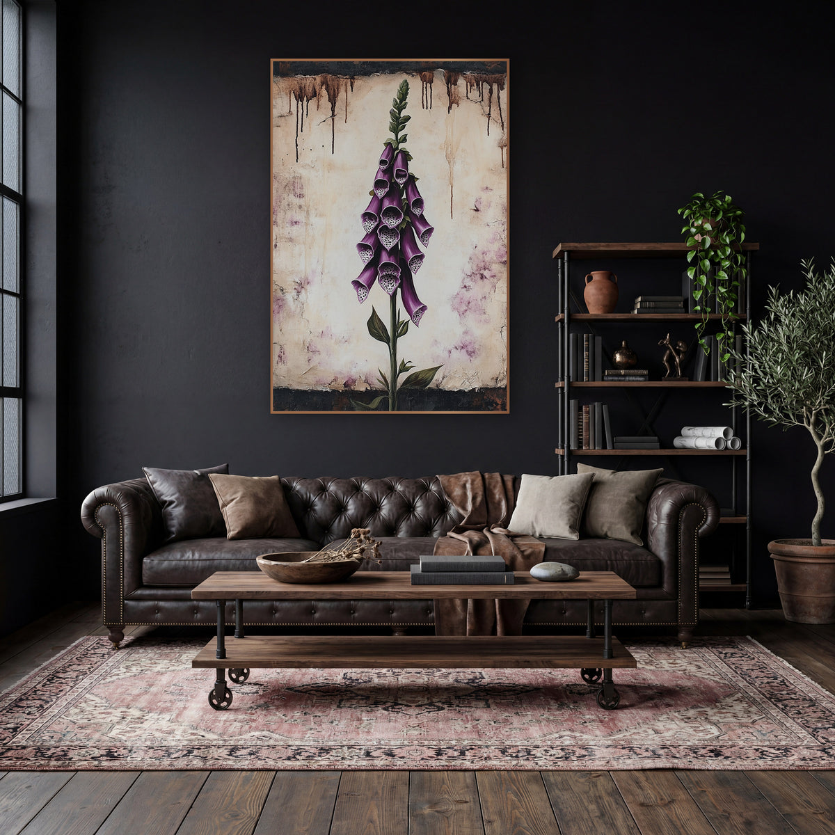 Aged Parchment Foxglove Study Vintage wall art in a moody dark academia room – tall purple foxglove with spotted bell