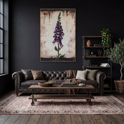 Aged Parchment Foxglove Study Vintage wall art in a moody dark academia room – tall purple foxglove with spotted bell