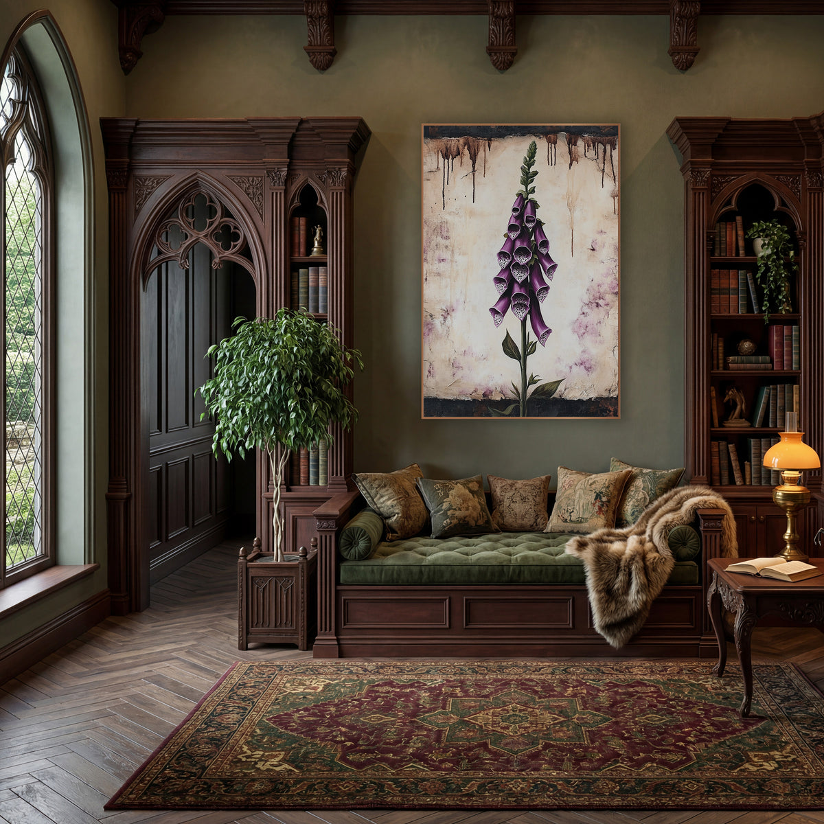 Aged Parchment Foxglove Study Vintage wall art in a moody dark academia room – tall purple foxglove with spotted bell