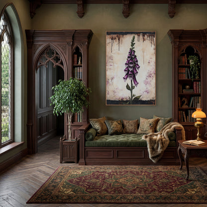 Aged Parchment Foxglove Study Vintage wall art in a moody dark academia room – tall purple foxglove with spotted bell