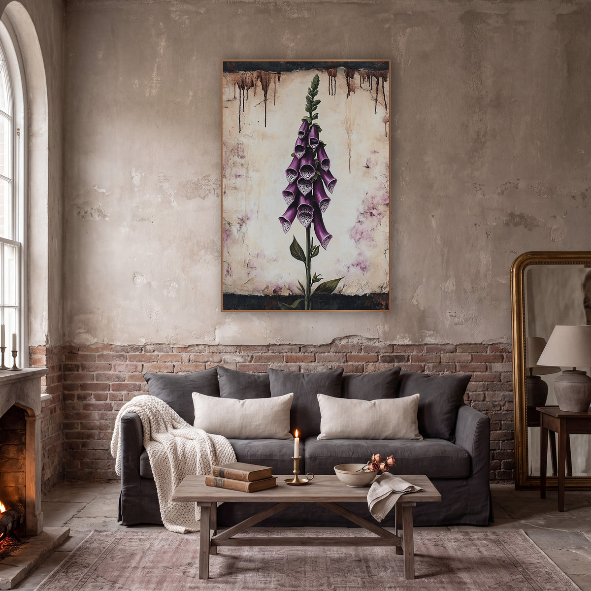 Aged Parchment Foxglove Study Vintage wall art in a moody dark academia room – tall purple foxglove with spotted bell