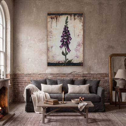Aged Parchment Foxglove Study Vintage wall art in a moody dark academia room – tall purple foxglove with spotted bell