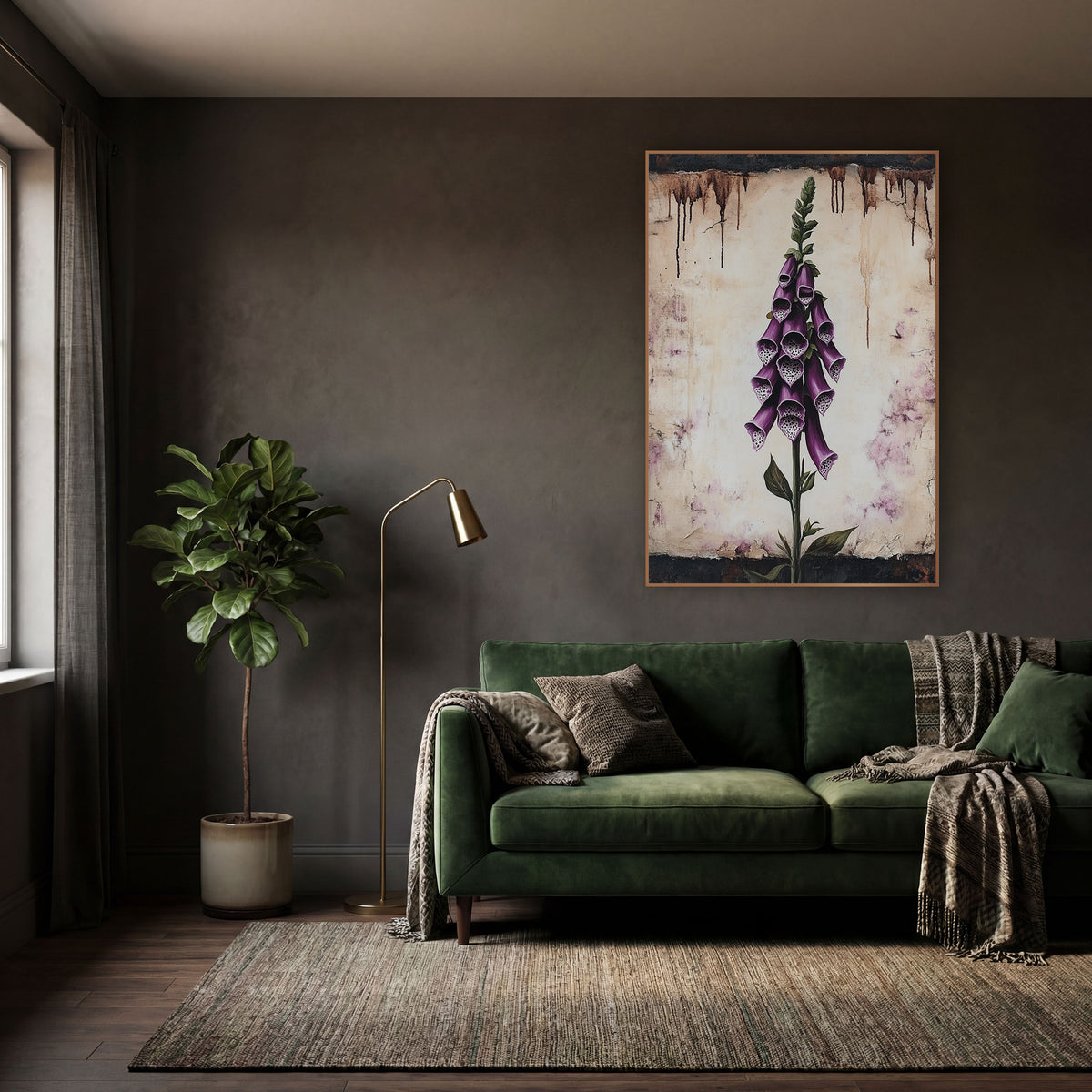 Aged Parchment Foxglove Study Vintage wall art in a moody dark academia room – tall purple foxglove with spotted bell