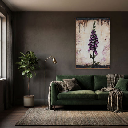 Aged Parchment Foxglove Study Vintage wall art in a moody dark academia room – tall purple foxglove with spotted bell