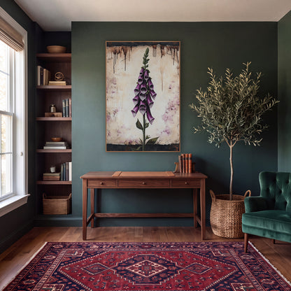 Aged Parchment Foxglove Study Vintage wall art in a moody dark academia room – tall purple foxglove with spotted bell