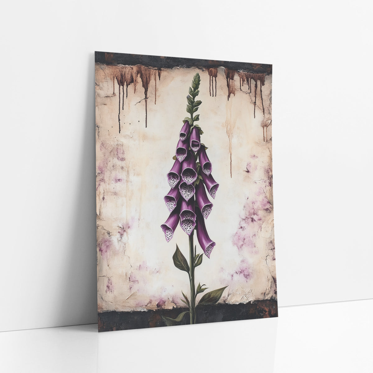 Aged Parchment Foxglove Study Vintage art print leaning against a white wall – tall purple foxglove with spotted bell flowers