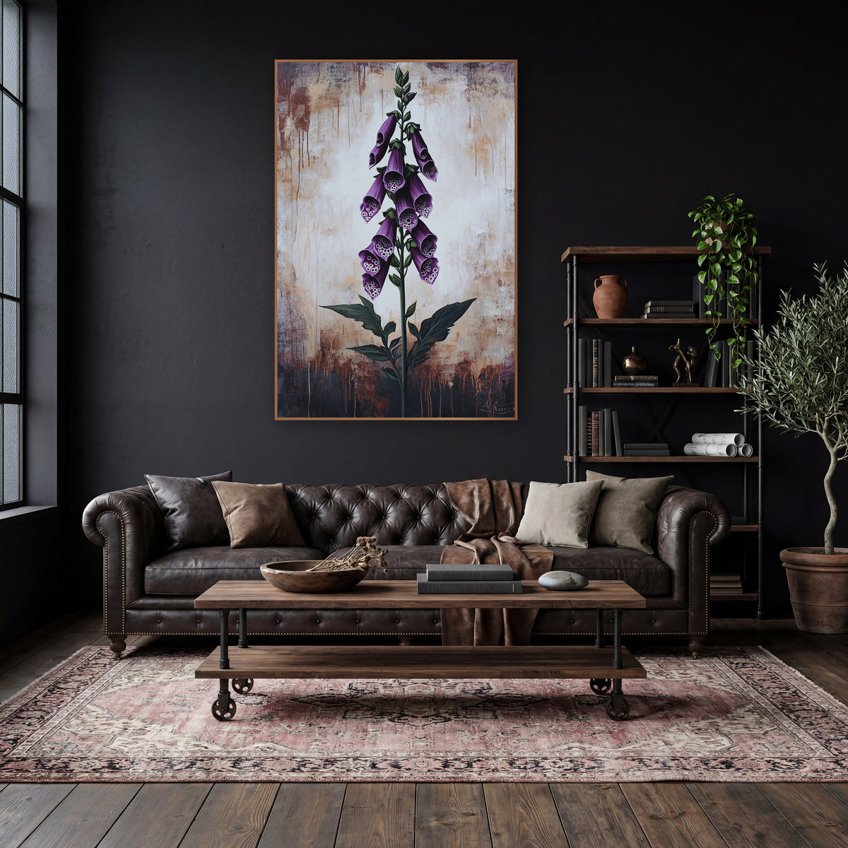 Foxglove Rustic Weathered Backdrop Moody wall art in a moody dark academia room – tall purple foxglove with spotted