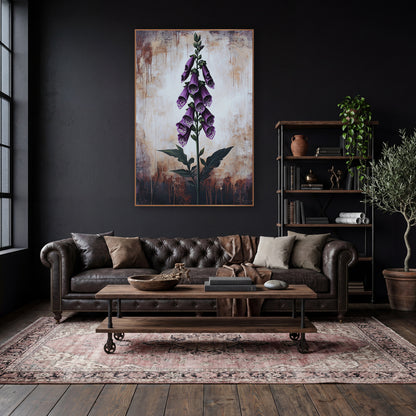 Foxglove Rustic Weathered Backdrop Moody wall art in a moody dark academia room – tall purple foxglove with spotted