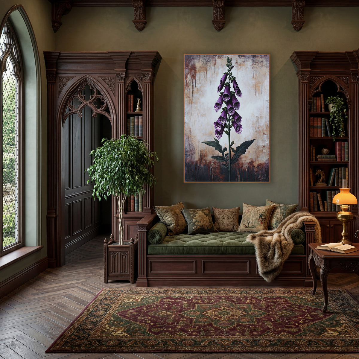 Foxglove Rustic Weathered Backdrop Moody wall art in a moody dark academia room – tall purple foxglove with spotted