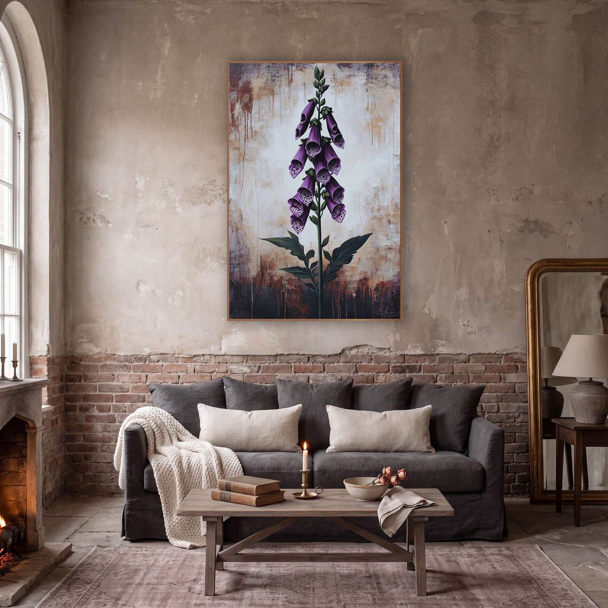 Foxglove Rustic Weathered Backdrop Moody wall art in a moody dark academia room – tall purple foxglove with spotted
