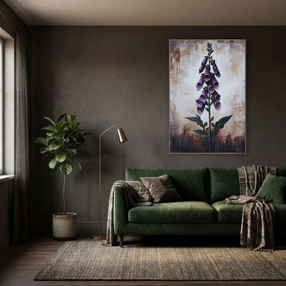 Foxglove Rustic Weathered Backdrop Moody wall art in a moody dark academia room – tall purple foxglove with spotted