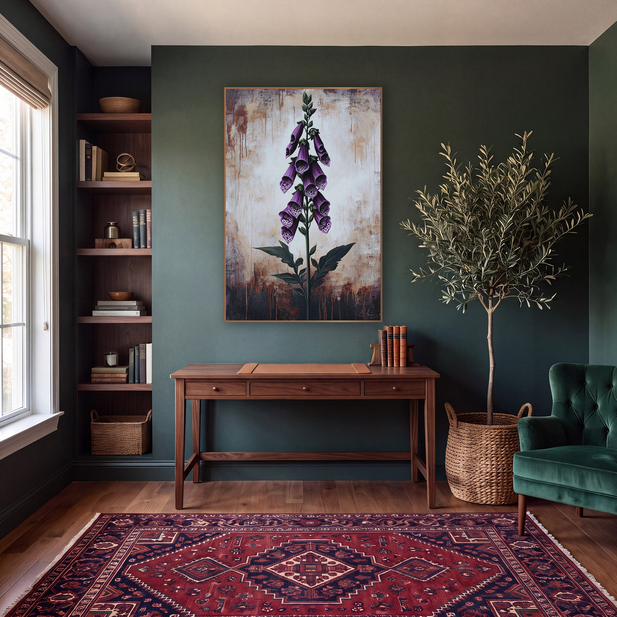 Foxglove Rustic Weathered Backdrop Moody wall art in a moody dark academia room – tall purple foxglove with spotted
