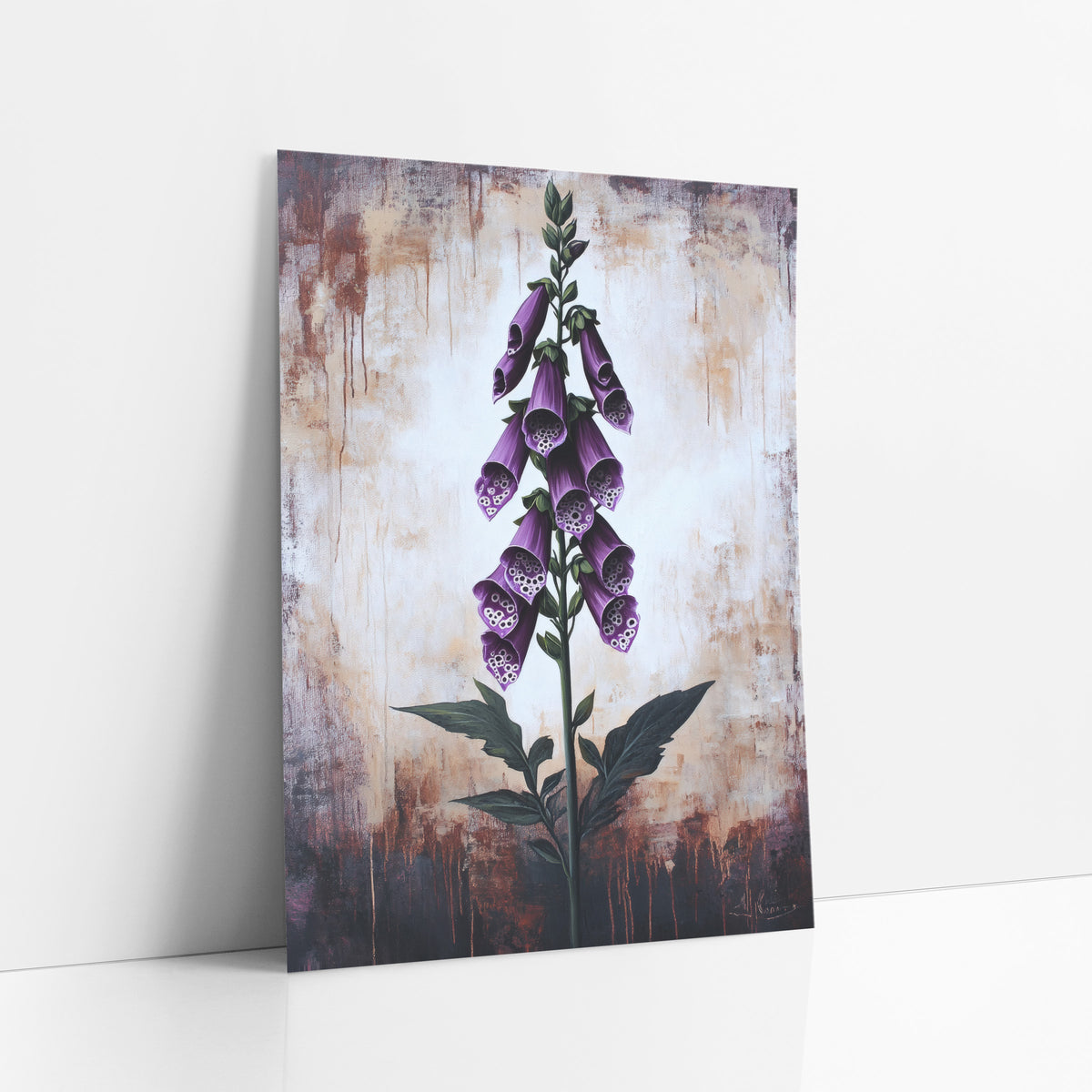 Foxglove Rustic Weathered Backdrop Moody art print leaning against a white wall – tall purple foxglove with spotted bell