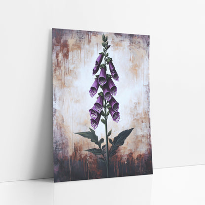 Foxglove Rustic Weathered Backdrop Moody art print leaning against a white wall – tall purple foxglove with spotted bell