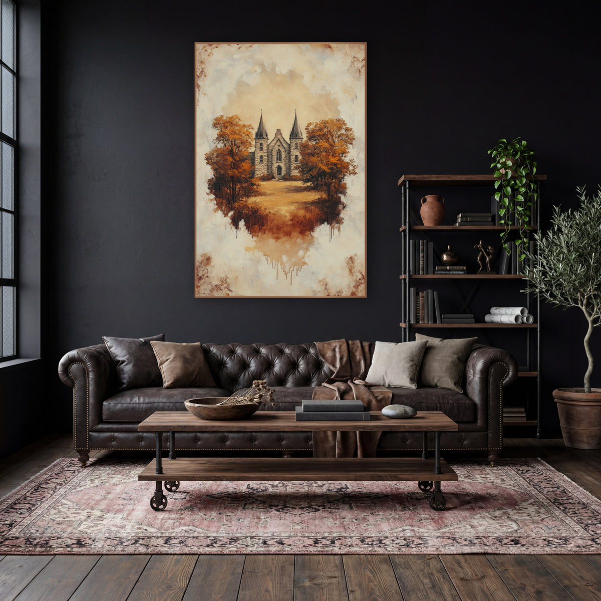 Autumn Gothic Stone Building Vintage wall art in a moody dark academia room – gothic stone building with two pointed