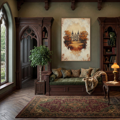 Autumn Gothic Stone Building Vintage wall art in a moody dark academia room – gothic stone building with two pointed