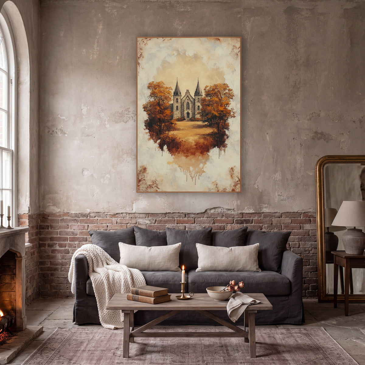 Autumn Gothic Stone Building Vintage wall art in a moody dark academia room – gothic stone building with two pointed