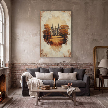 Autumn Gothic Stone Building Vintage wall art in a moody dark academia room – gothic stone building with two pointed