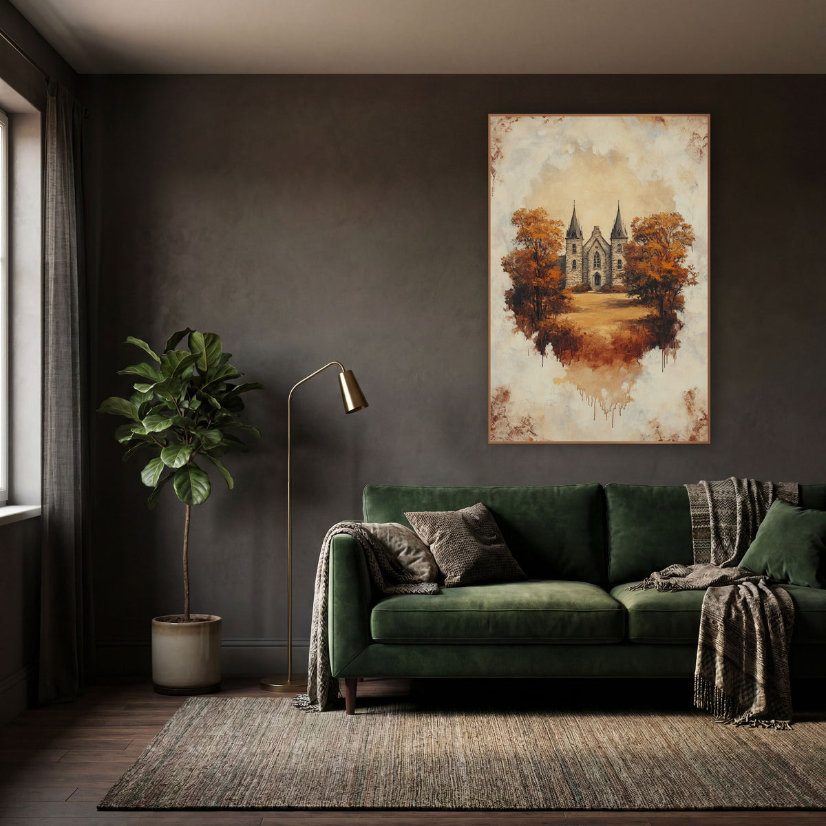 Autumn Gothic Stone Building Vintage wall art in a moody dark academia room – gothic stone building with two pointed