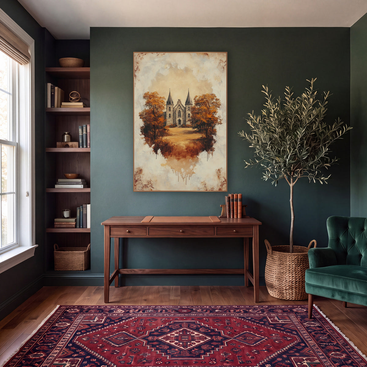 Autumn Gothic Stone Building Vintage wall art in a moody dark academia room – gothic stone building with two pointed