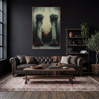 Ivy Crowned Columns Dark Academia wall art in a moody dark academia room – two cracked stone columns topped with green