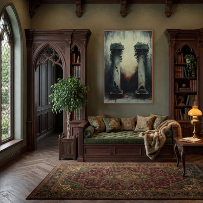 Ivy Crowned Columns Dark Academia wall art in a moody dark academia room – two cracked stone columns topped with green