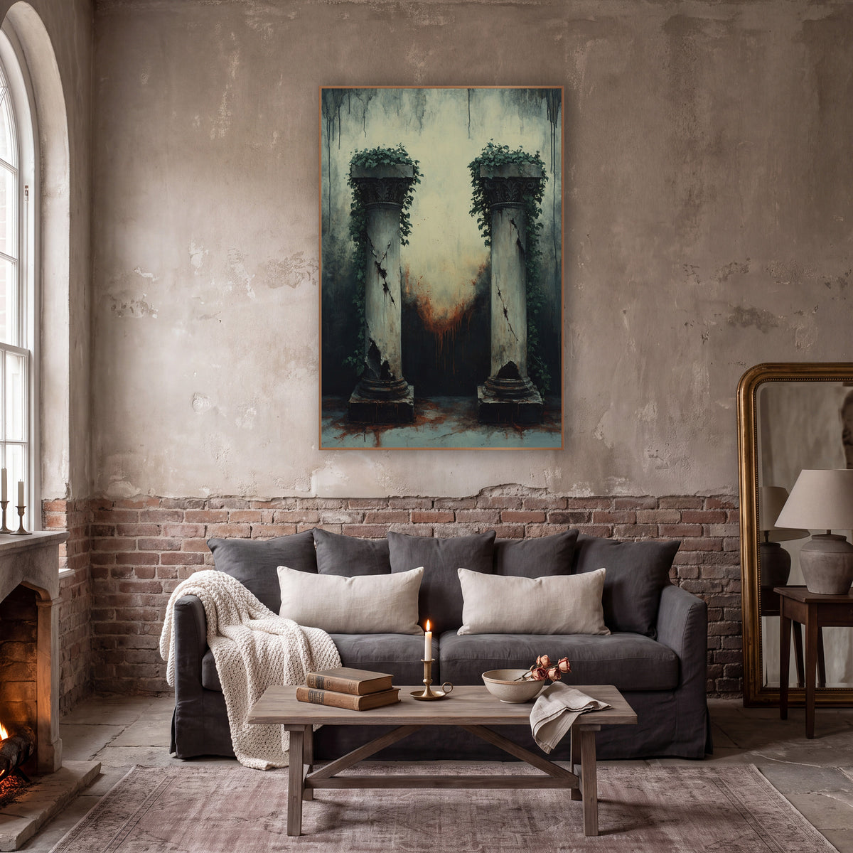Ivy Crowned Columns Dark Academia wall art in a moody dark academia room – two cracked stone columns topped with green