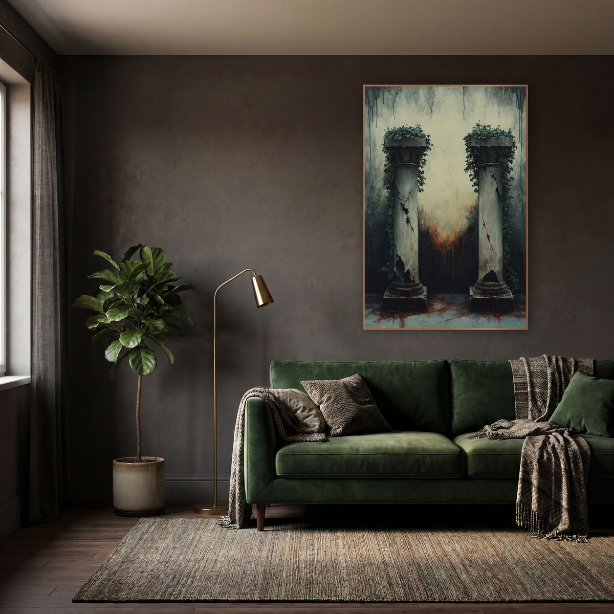Ivy Crowned Columns Dark Academia wall art in a moody dark academia room – two cracked stone columns topped with green