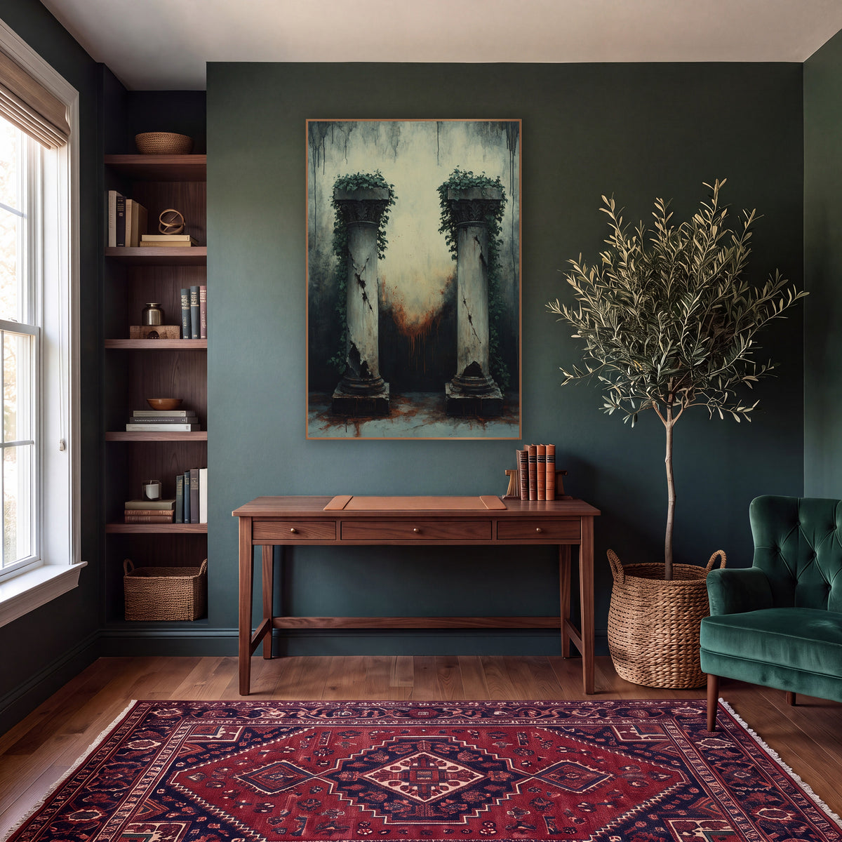 Ivy Crowned Columns Dark Academia wall art in a moody dark academia room – two cracked stone columns topped with green