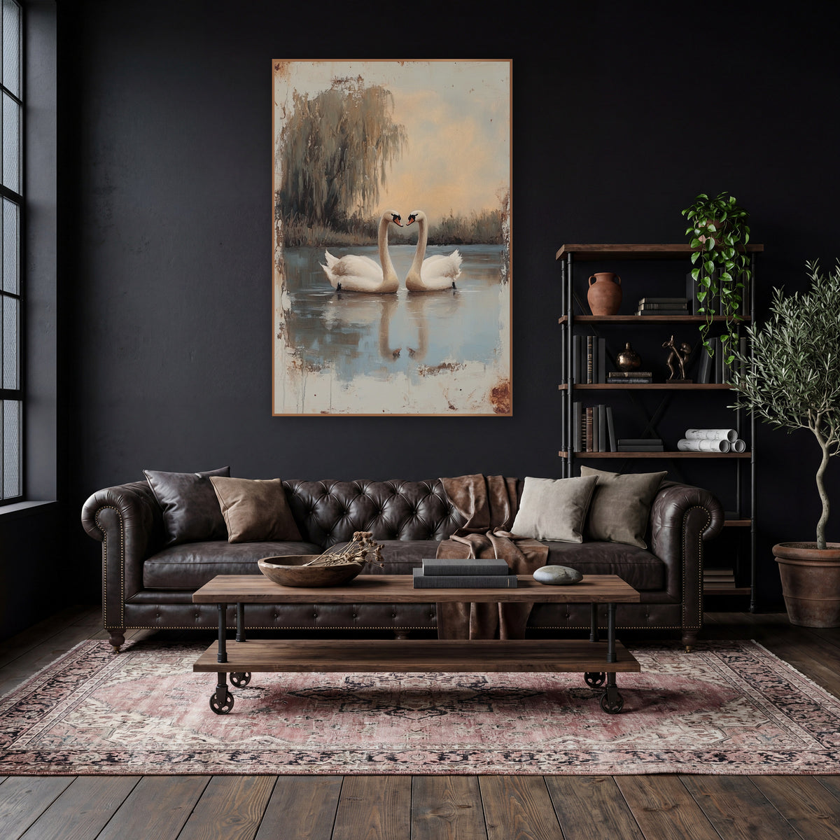 Two Swans Weeping Willow Vintage wall art in a moody dark academia room – two white swans face each other on a still