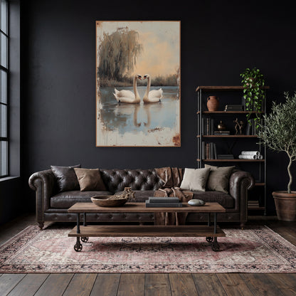 Two Swans Weeping Willow Vintage wall art in a moody dark academia room – two white swans face each other on a still