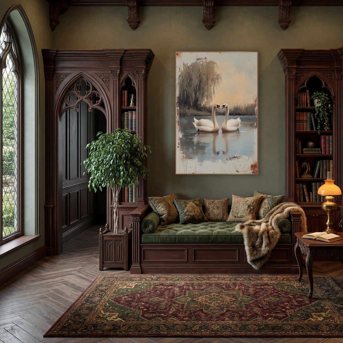 Two Swans Weeping Willow Vintage wall art in a moody dark academia room – two white swans face each other on a still
