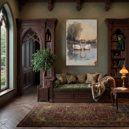 Two Swans Weeping Willow Vintage wall art in a moody dark academia room – two white swans face each other on a still