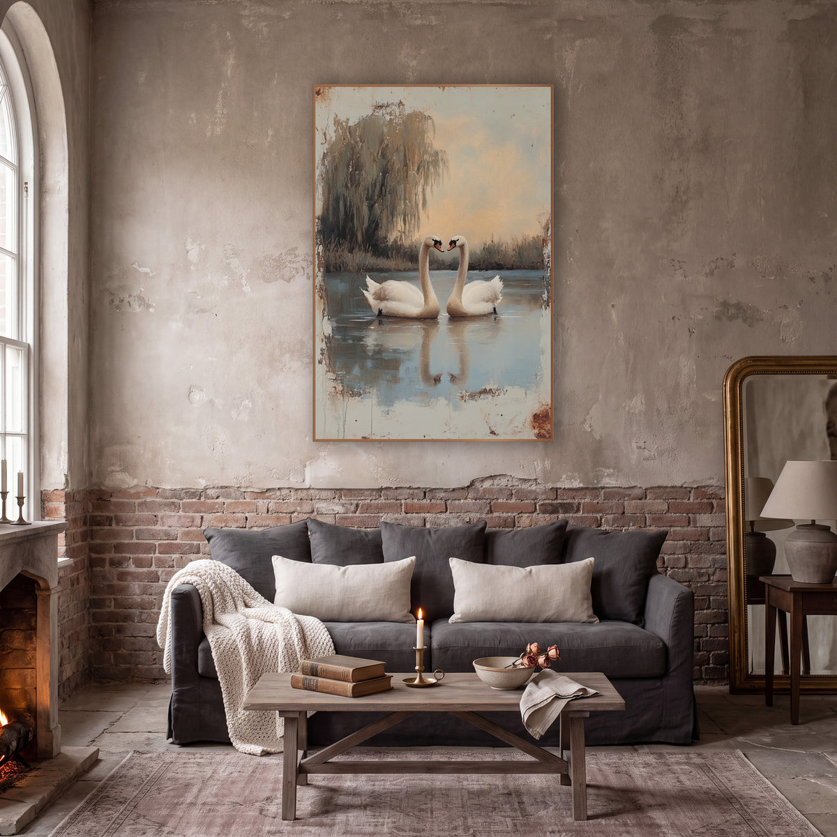 Two Swans Weeping Willow Vintage wall art in a moody dark academia room – two white swans face each other on a still