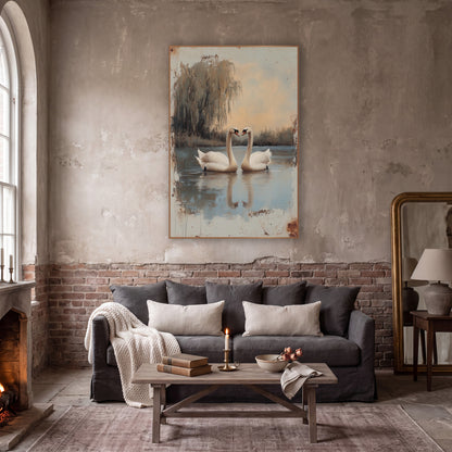 Two Swans Weeping Willow Vintage wall art in a moody dark academia room – two white swans face each other on a still