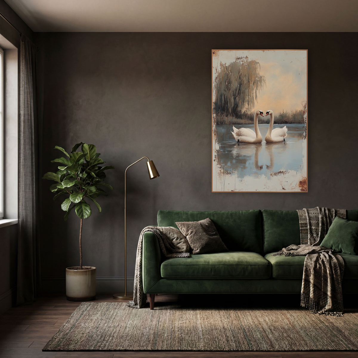 Two Swans Weeping Willow Vintage wall art in a moody dark academia room – two white swans face each other on a still