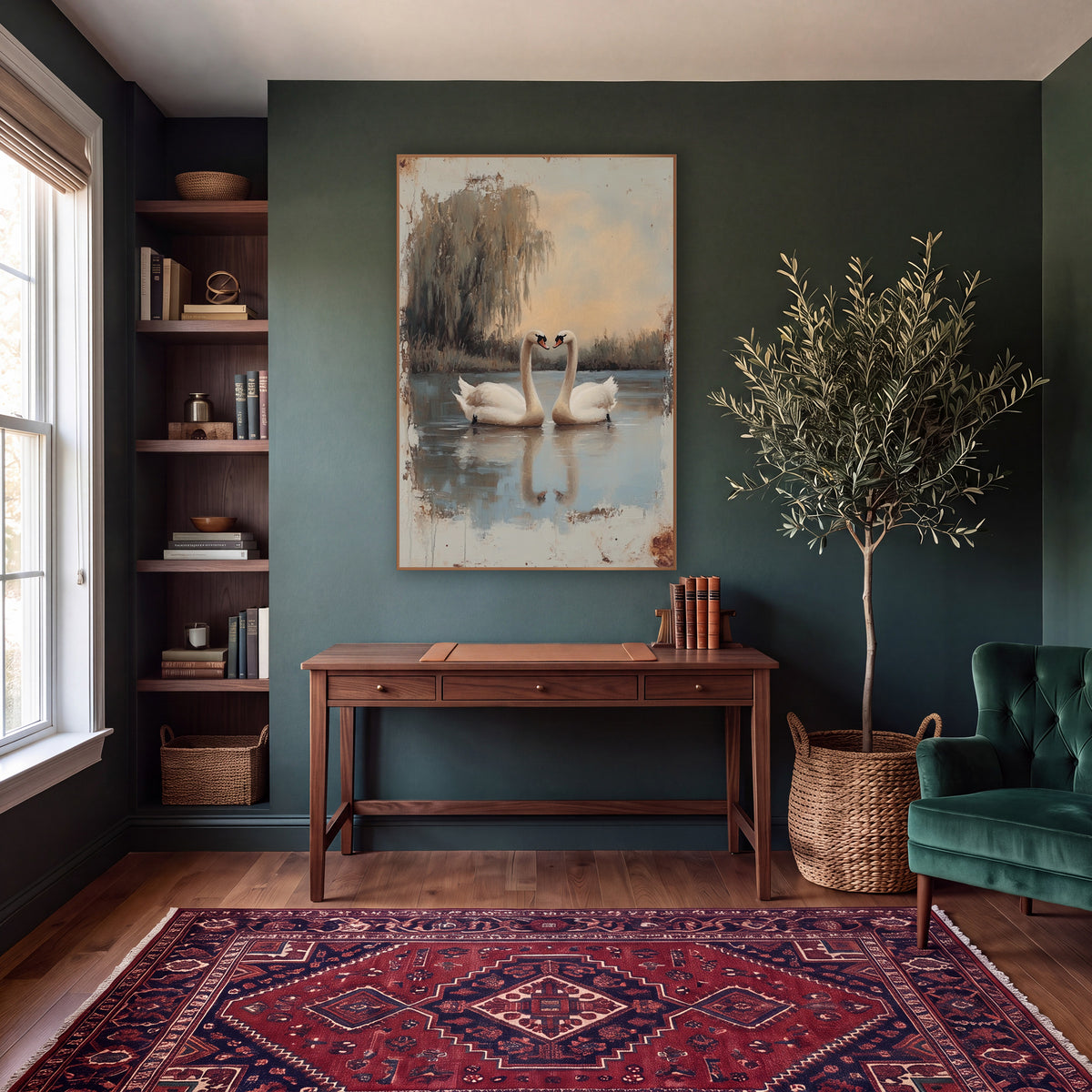 Two Swans Weeping Willow Vintage wall art in a moody dark academia room – two white swans face each other on a still