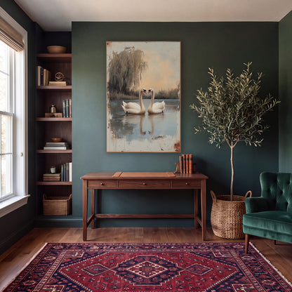 Two Swans Weeping Willow Vintage wall art in a moody dark academia room – two white swans face each other on a still