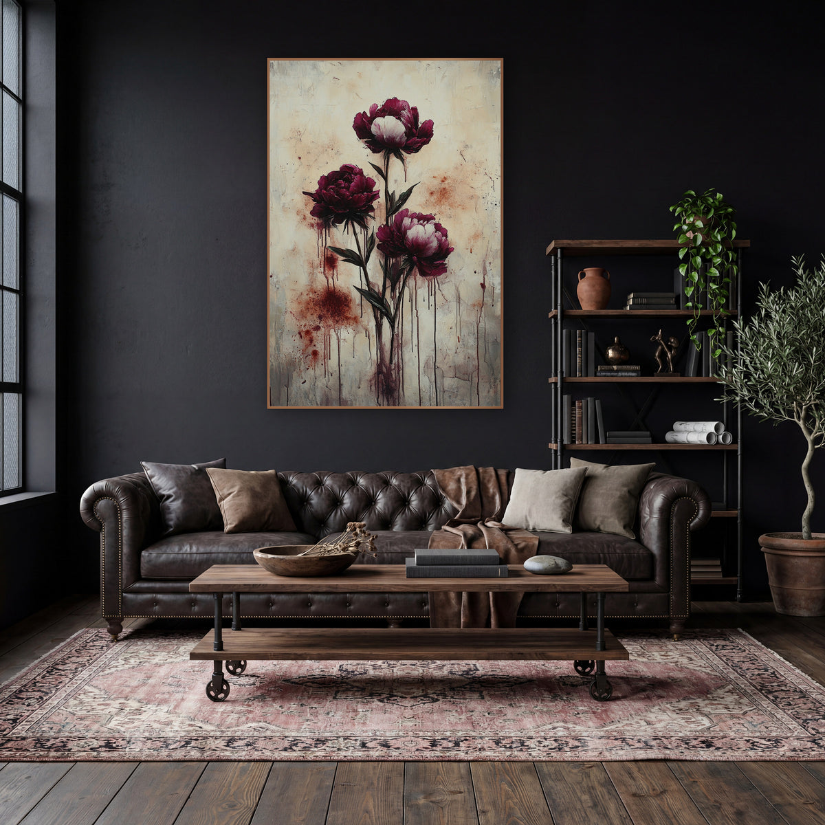 Standing Burgundy Peonies Moody Dripping Style wall art in a moody dark academia room – three burgundy peonies on dark