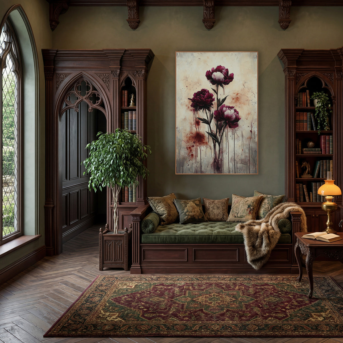 Standing Burgundy Peonies Moody Dripping Style wall art in a moody dark academia room – three burgundy peonies on dark