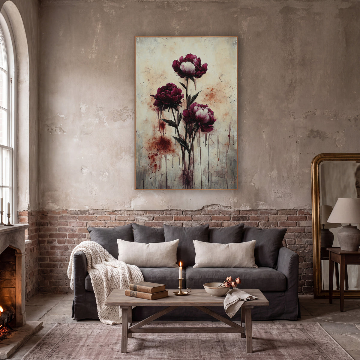Standing Burgundy Peonies Moody Dripping Style wall art in a moody dark academia room – three burgundy peonies on dark