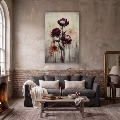 Standing Burgundy Peonies Moody Dripping Style wall art in a moody dark academia room – three burgundy peonies on dark