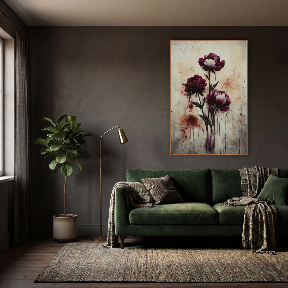 Standing Burgundy Peonies Moody Dripping Style wall art in a moody dark academia room – three burgundy peonies on dark