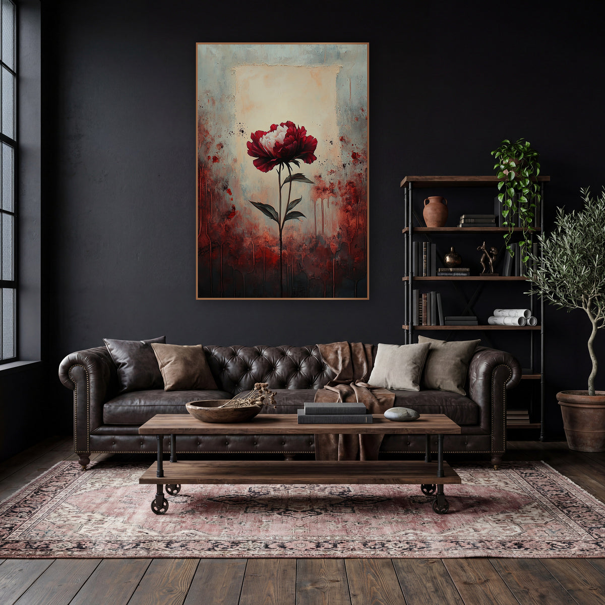 Crimson Peony Moody Floral Study wall art in a moody dark academia room – single crimson and white peony on a long