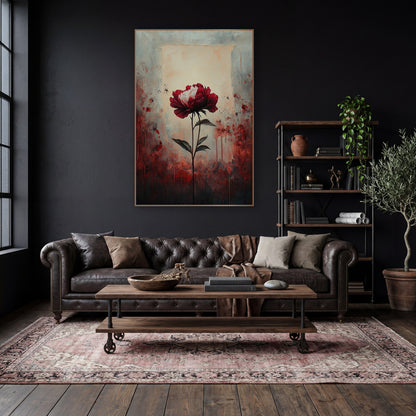 Crimson Peony Moody Floral Study wall art in a moody dark academia room – single crimson and white peony on a long