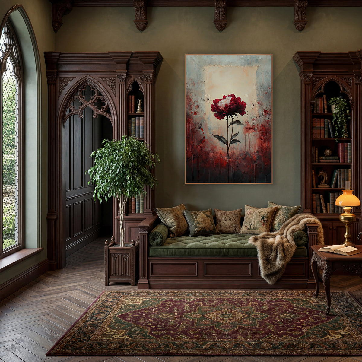 Crimson Peony Moody Floral Study wall art in a moody dark academia room – single crimson and white peony on a long
