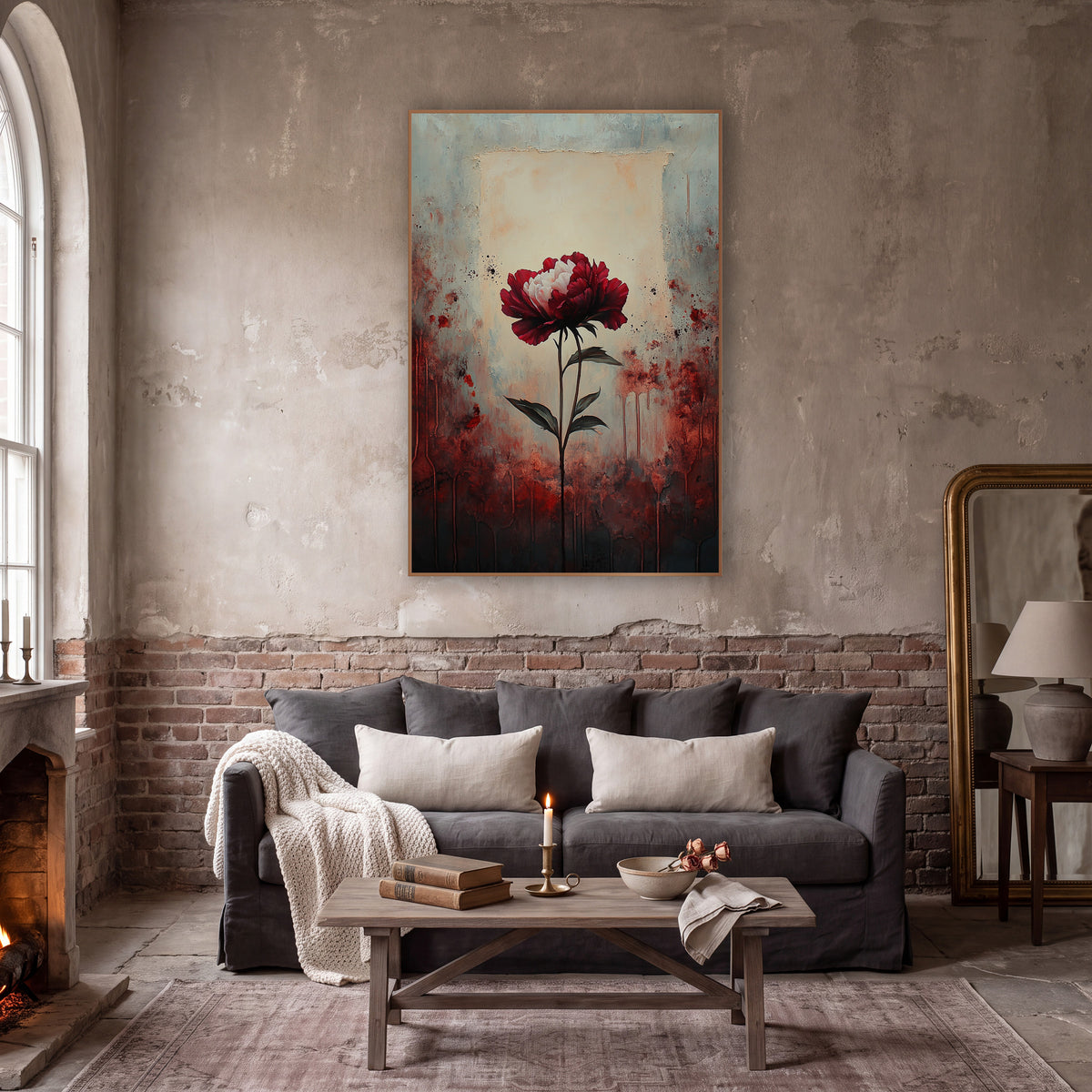 Crimson Peony Moody Floral Study wall art in a moody dark academia room – single crimson and white peony on a long
