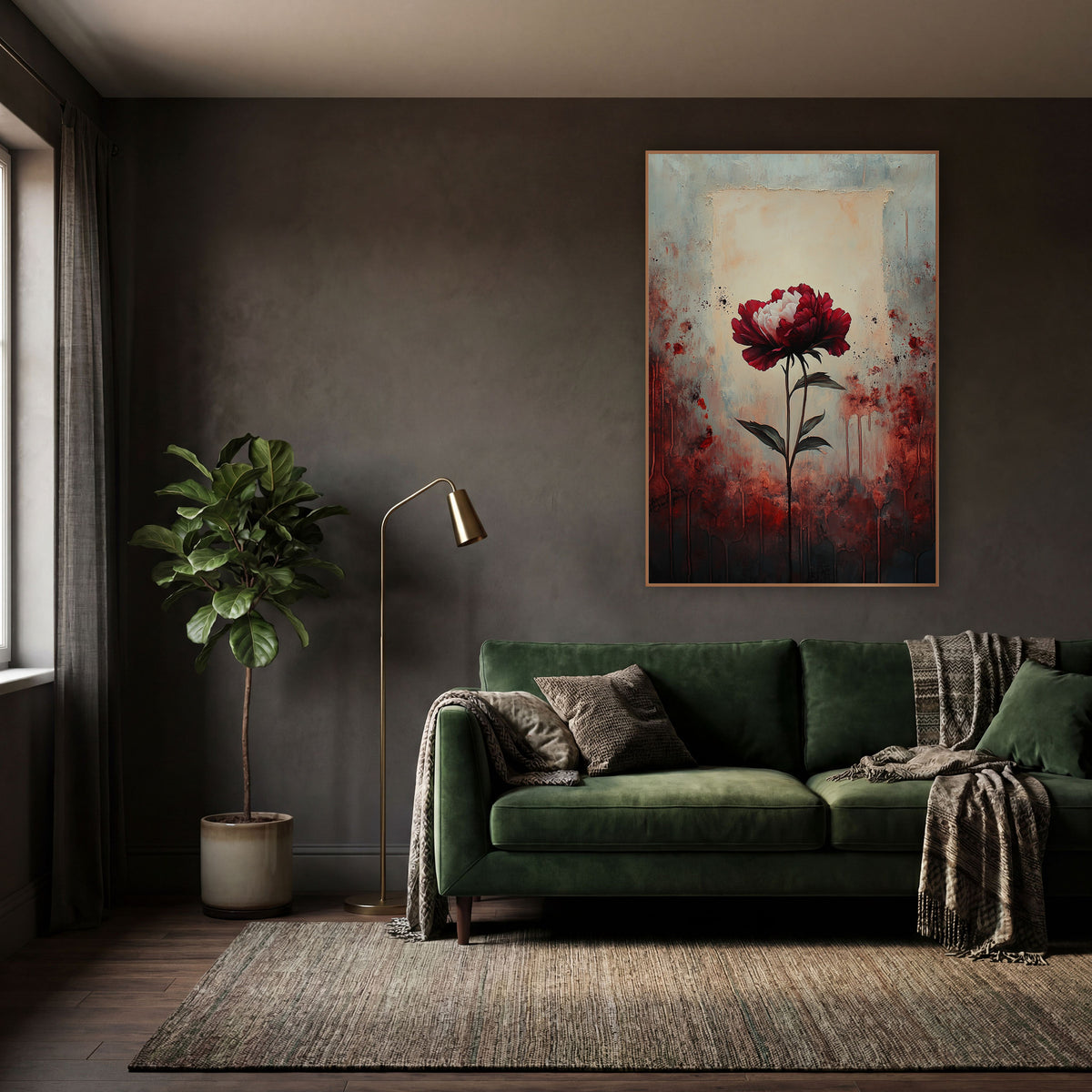 Crimson Peony Moody Floral Study wall art in a moody dark academia room – single crimson and white peony on a long